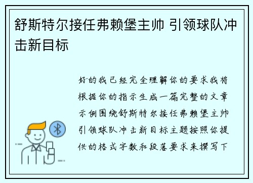 舒斯特尔接任弗赖堡主帅 引领球队冲击新目标 舒斯特尔接任弗赖堡主帅 引领球队冲击新目标